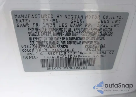2021 Nissan Kicks S Xtronic Cvt from USA, damaged, VIN 3N1CP5BV4ML522625